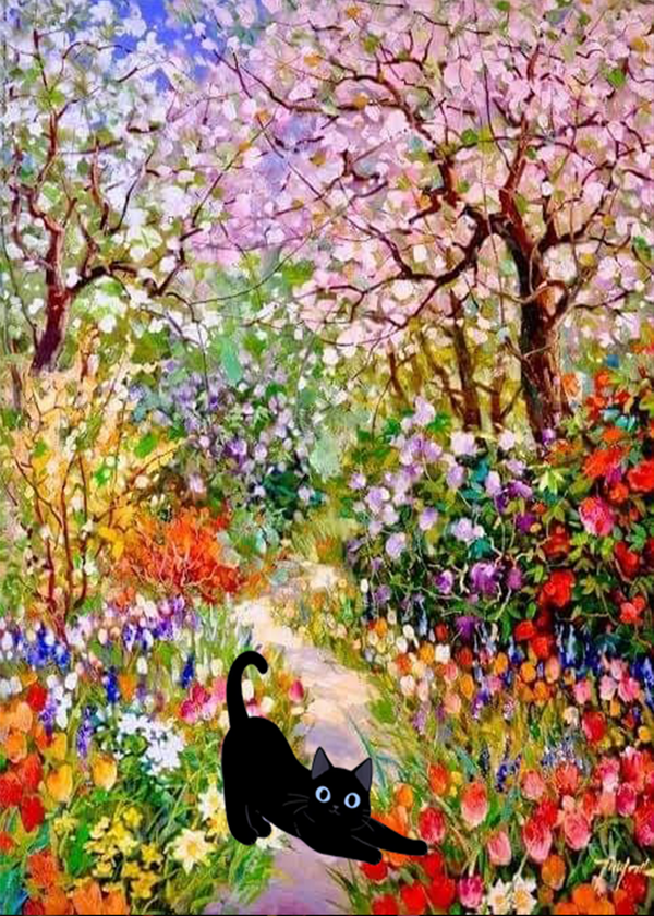 Black cat among wild flowers