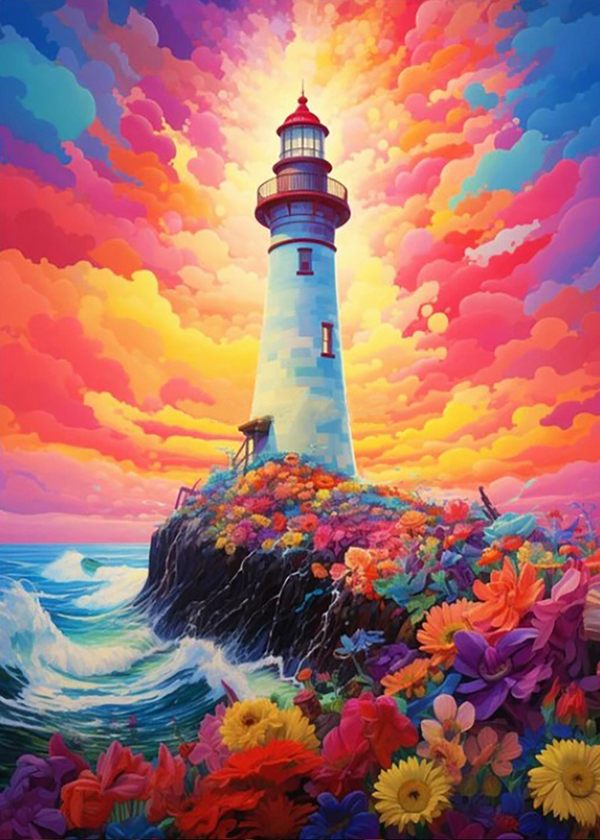 Lighthouse under colorful clouds
