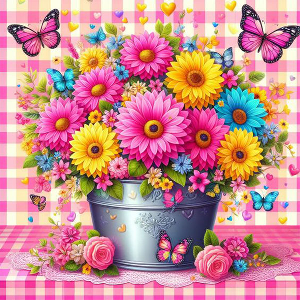 Colorful flowers in tin cans