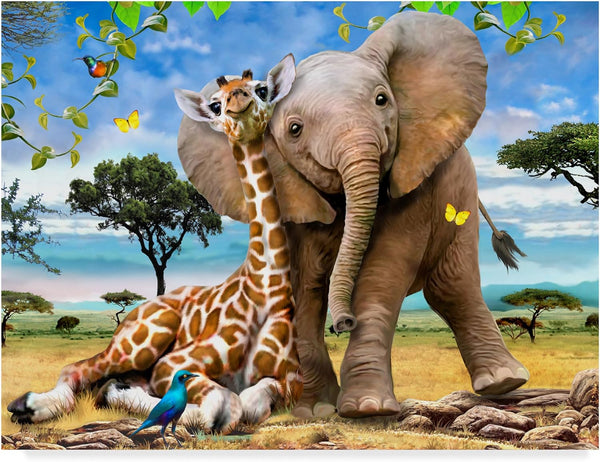 A Giraffe And An Elephant Together